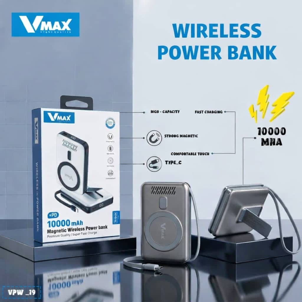 POWER BANK     22.5W  / 10000 MAH / WIRELESS SUPER FAST / LCD    بور بانك في ماكس سوبر فاست وايرلس V MAX    VPW 19