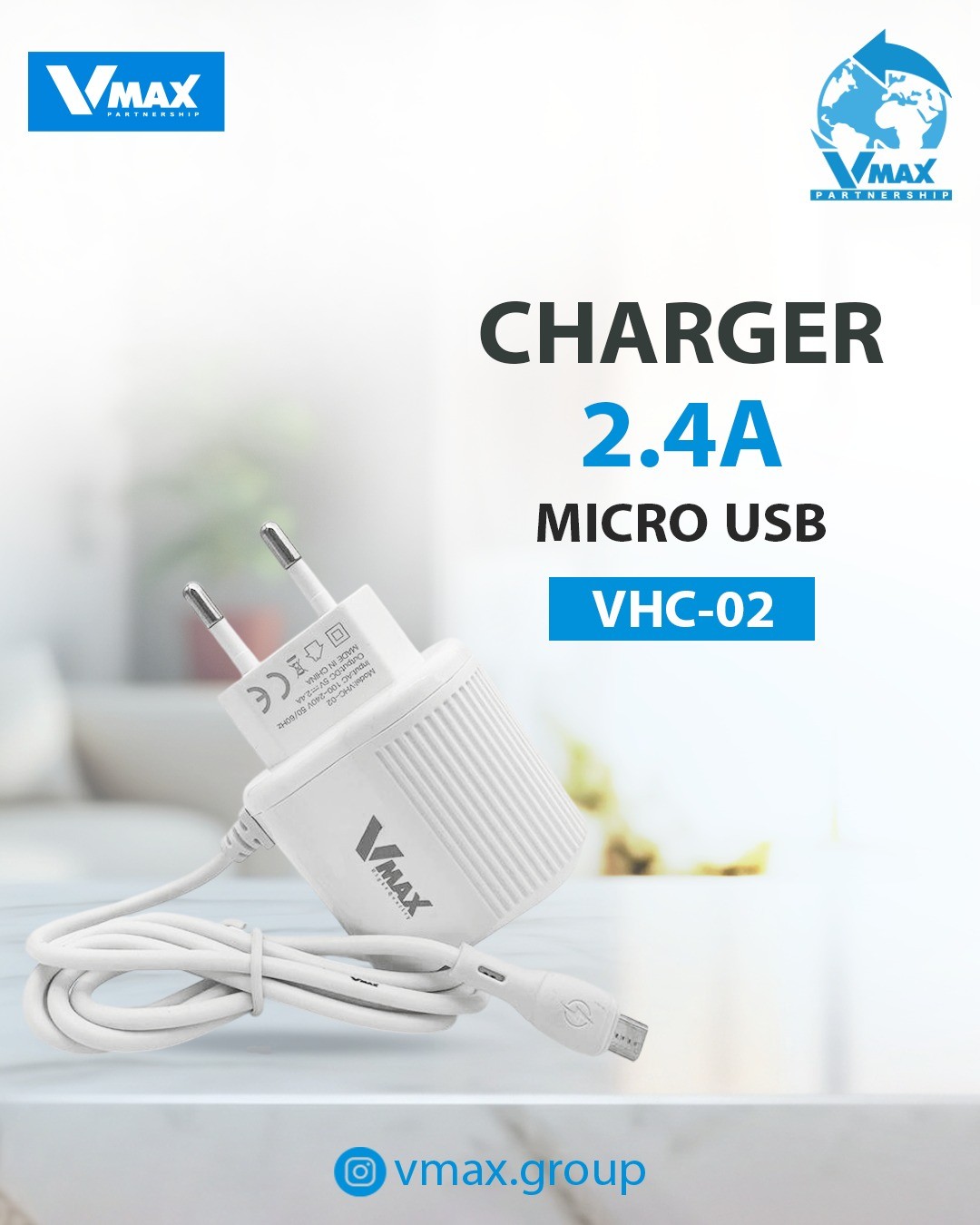 HOME CHARGER     2.4A / 1 CABLE / 2 USB    شاحن منزلي في ماكس 2.4 امبير مع 2 مخرج + وصلة سامسونغ مضيء    V MAX    VHC 02