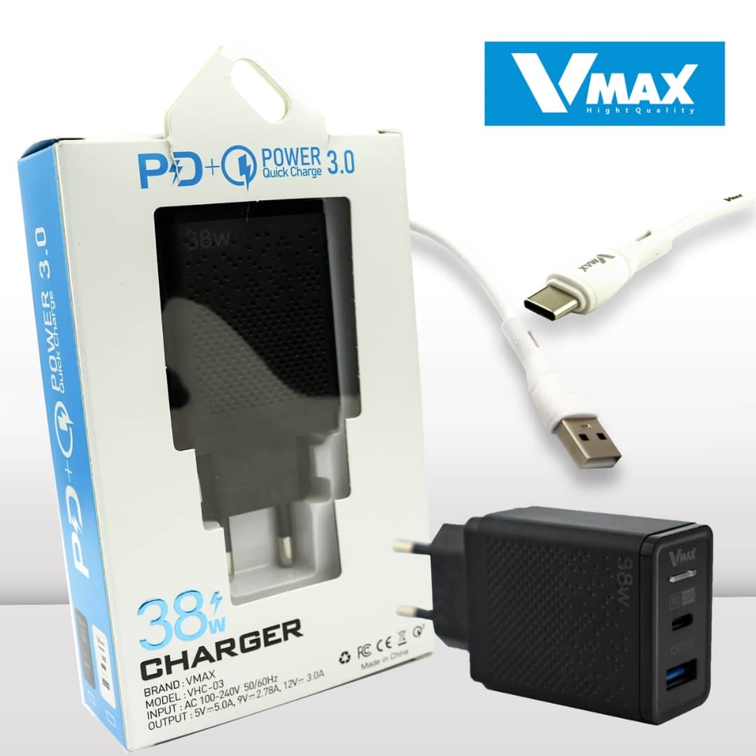 HOME CHARGER     38W / USB / PD /    شاحن منزلي في ماكس فاست مع وصلة تايب سي     V MAX    VHC 03