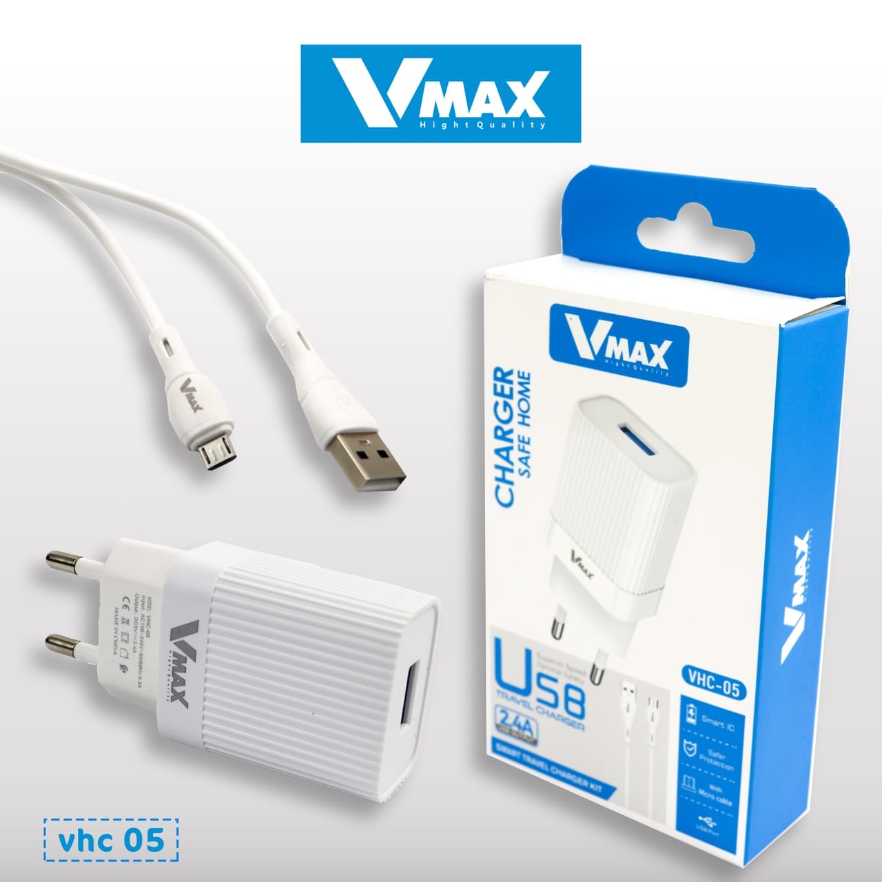 HOME CHARGER     2.4 A / USB / 1 CABLE    شاحن منزلي في ماكس 2.4 امبير مع وصلة سامسونغ مع مخرج     V MAX    VHC 05