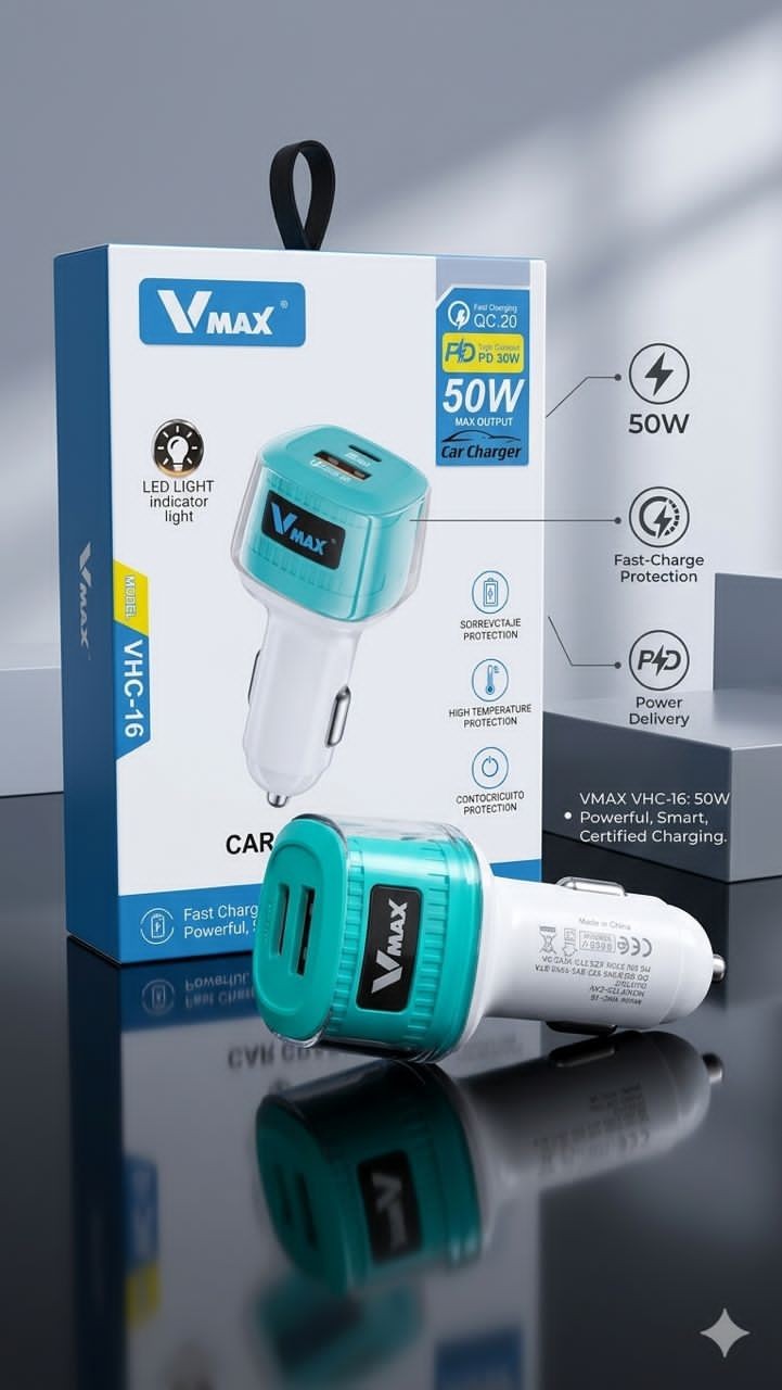 CAR CHARGER      50W PD + USB     شاحن سيارة في في ماكس مع مخرج سوبر فاست + تيربو    V MAX    VHC 16