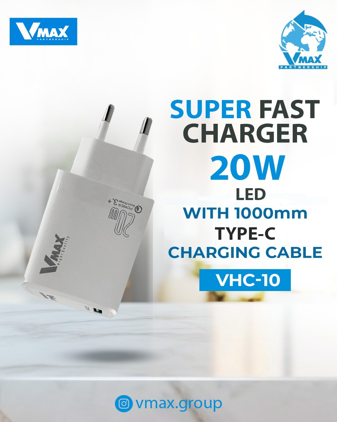 HOME CHARGER     20W / 1 CABLE TYPE C /     شاحن منزلي في ماكس تايب سي سوبر فاست     V MAX    VHC 10