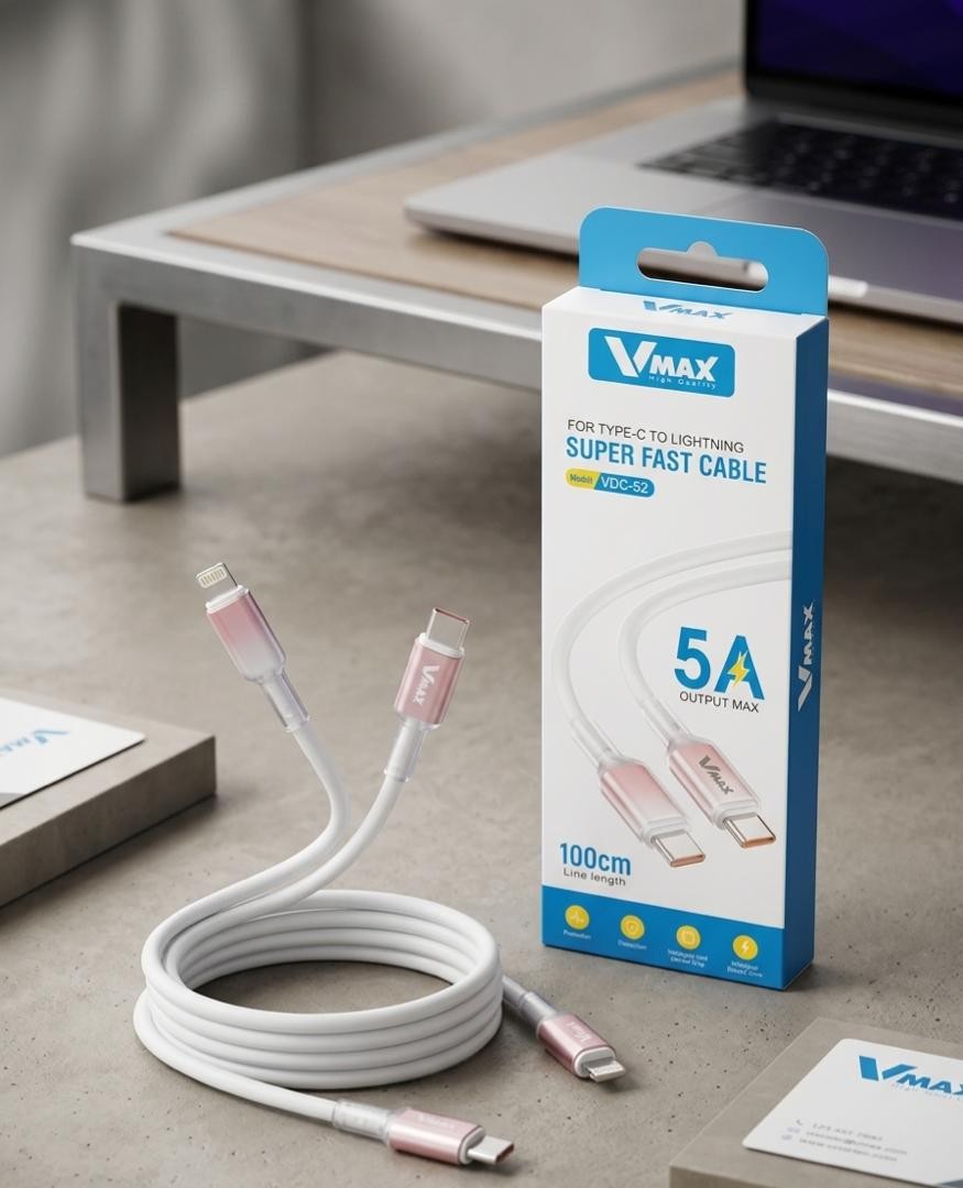 USB CABLE    5A / SILICON IPHONE 5G TO TYPE C / FAST    وصلة في ماكس تايب سي الى ايفون 5 امبير فاست سيليكون    V MAX    VDC 52