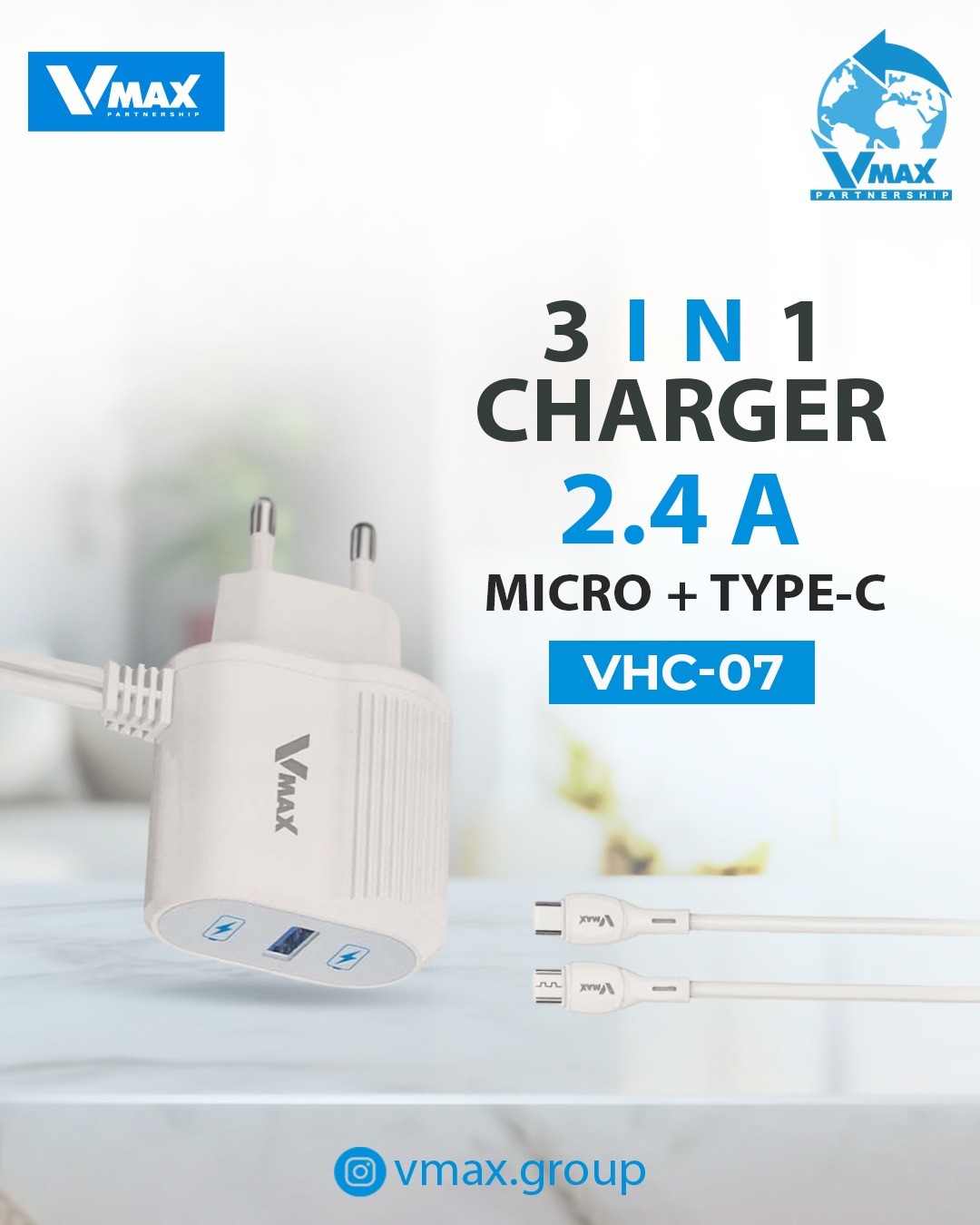HOME CHARGER     2.4A / 2 CABLE / MICRO+TYPEC    شاحن منزلي في ماكس 2.4 امبير مع مخرج مع وصلتين سامسونغ وتايب سي مضيء    V MAX    VHC 07