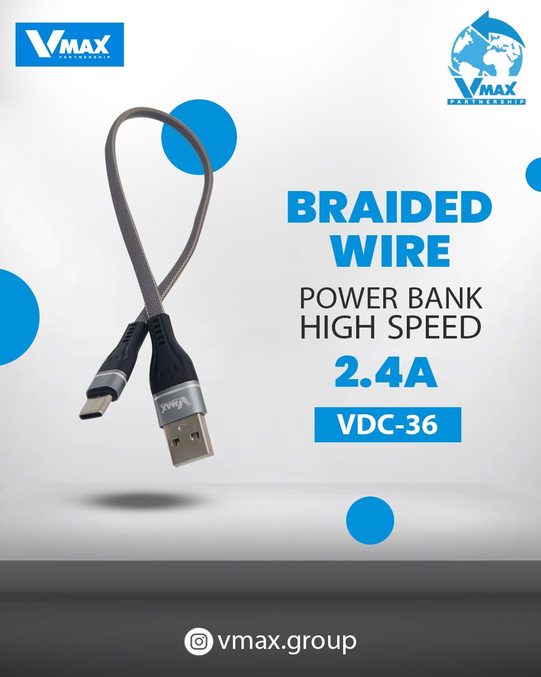 USB CABLE    2.4A / TYPE C / P BANK / FAST    وصلة في ماكس بور بانك تايب سي 2.4 امبير فاست     V MAX    VDC 36
