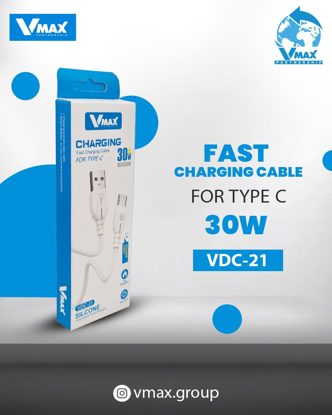 USB CABLE    30W / TYPE C / LIGHT / FAST    وصلة في ماكس تايب سي مضيئة 30 واط فاست    V MAX    VDC 21