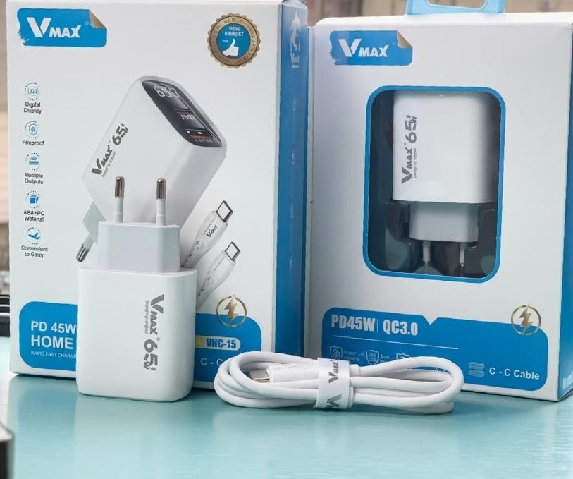 HOME CHARGER  65W / PD + TYPE C  /     شاحن منزلي في ماكس تايب سي مؤشر تيربو + سوبر فاست     V MAX    VHC 15