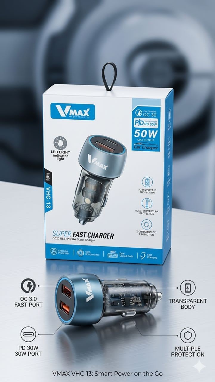 CAR CHARGER      50W PD + USB     شاحن سيارة في في ماكس مع مخرج سوبر فاست + تيربو    V MAX    VHC 13
