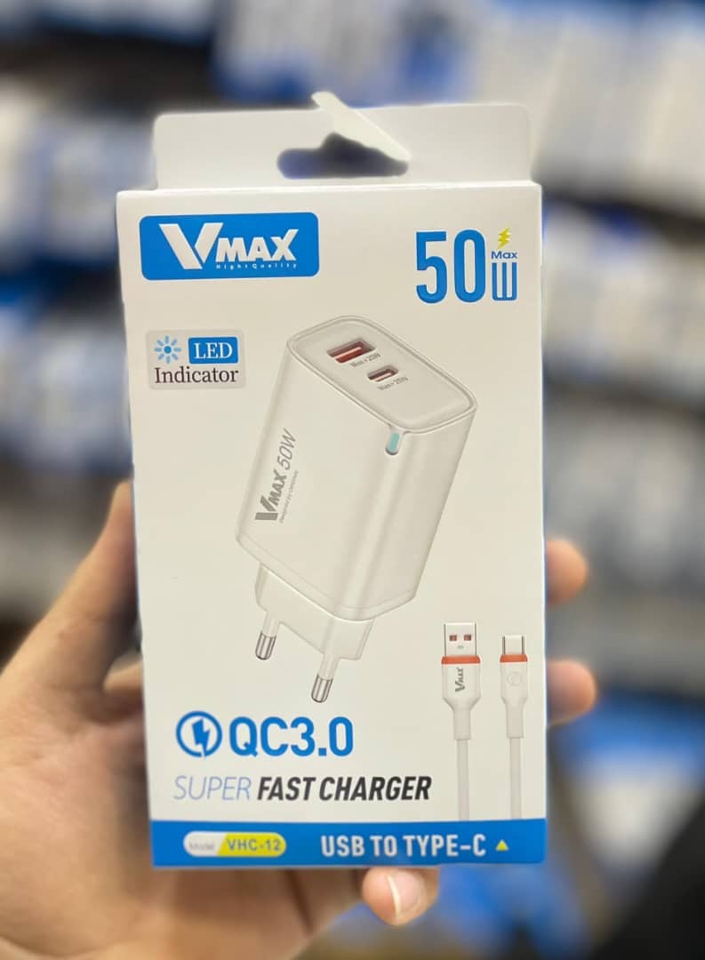 HOME CHARGER  50W / PD + TYPE C  /     شاحن منزلي في ماكس تايب سي مضيئ تيربو + سوبر فاست     V MAX    VHC 12