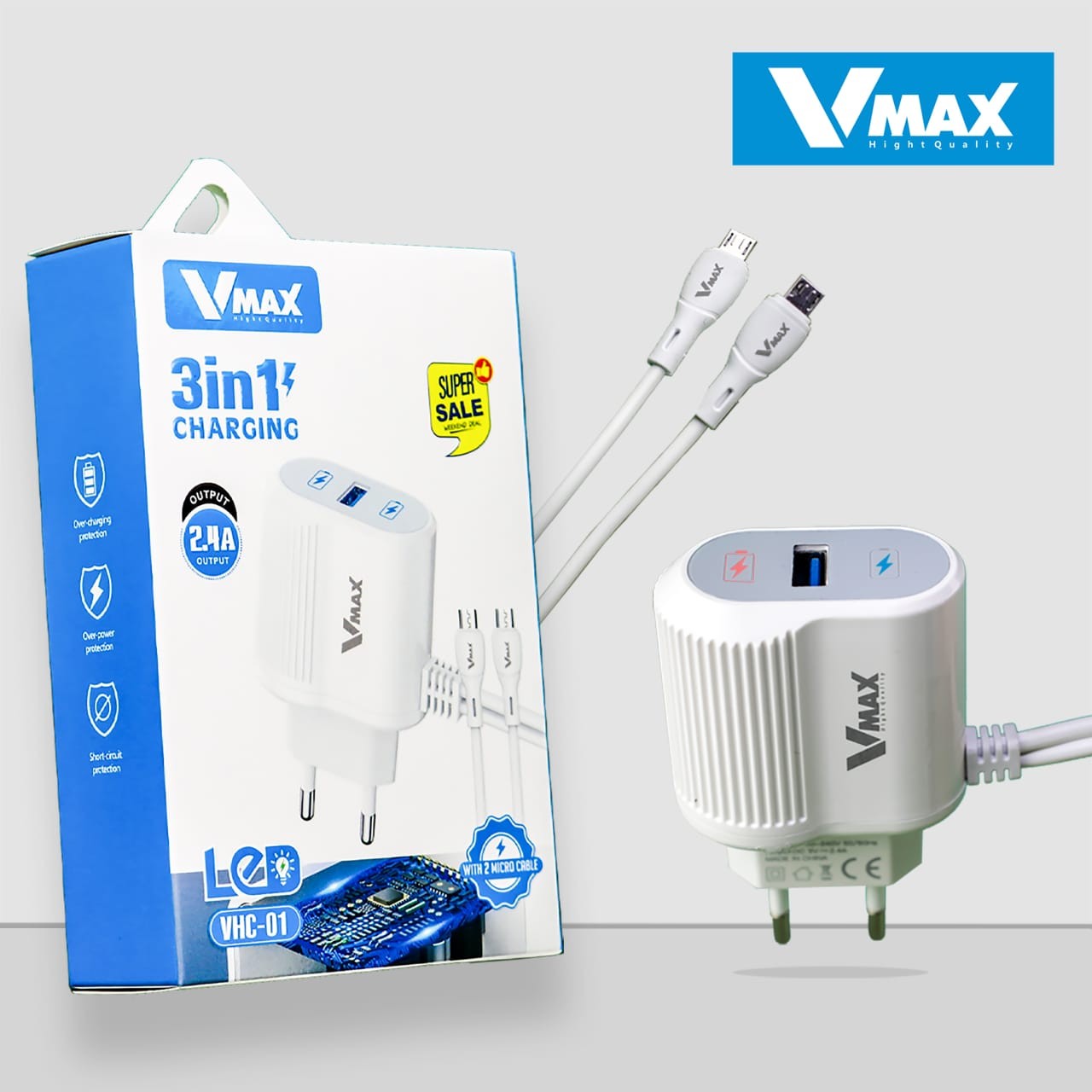 HOME CHARGER     2.4A / 2 CABLE / USB    شاحن منزلي في ماكس 2.4 امبير مع مخرج + وصلتين مضيء    V MAX    VHC 01