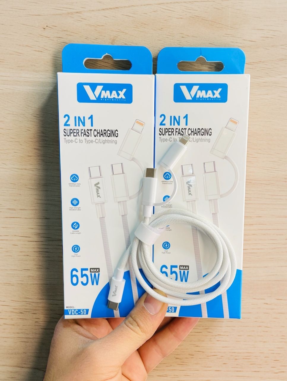 USB CABLE    65W / IPTONE + TYPE C / SUPER FAST    وصلة في ماكس 2 بواحد تايب سي + ايفون 65 واط سوبر فاست V MAX    VDC 50