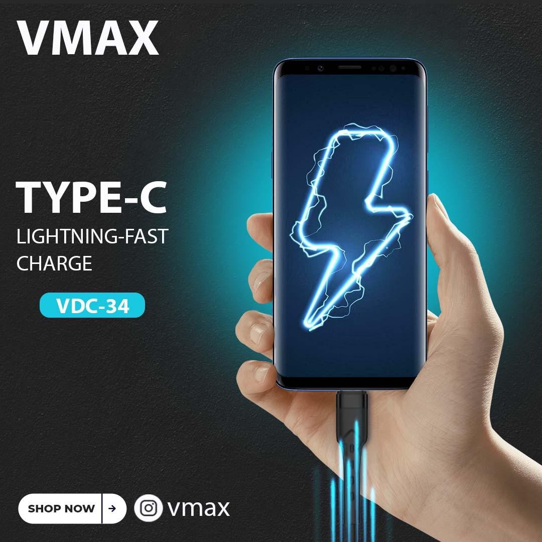 USB CABLE    3A / TYPE C / FAST     وصلة في ماكس تايب سي 3 امبير فاست     V MAX    VDC 34